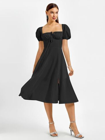 Women's 2024 Summer Puff Sleeve Midi Dress Lace Up Flowy Split Casual Beach Dresses Navy XL in Saudi Arabia