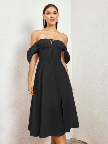 Women's 2024 Summer Puff Sleeve Midi Dress Lace Up Flowy Split Casual Beach Dresses Navy XL in Saudi Arabia