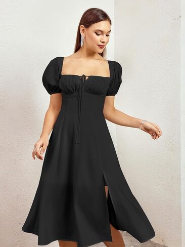 Women's 2024 Summer Puff Sleeve Midi Dress Lace Up Flowy Split Casual Beach Dresses Navy XL in Saudi Arabia