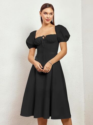 Women's 2024 Summer Puff Sleeve Midi Dress Lace Up Flowy Split Casual Beach Dresses Navy XL in Saudi Arabia