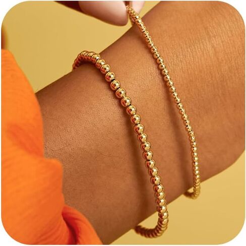 MBW Gold Beaded Bracelets for Women, 14K Gold Plated Bead Bracelet Stack Gold Chian Link Bracelet Set Waterproof Jewlery Fashion Minimalist Dainty Jewelry Dupes for Women Trendy in Saudi Arabia