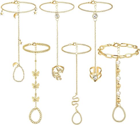 Fumete 6 pcs Finger Ring Bracelet Linked Rhinestone Hand Harness Chain Slave Bracelet with Ring Everyday Jewelry for Women in Saudi Arabia