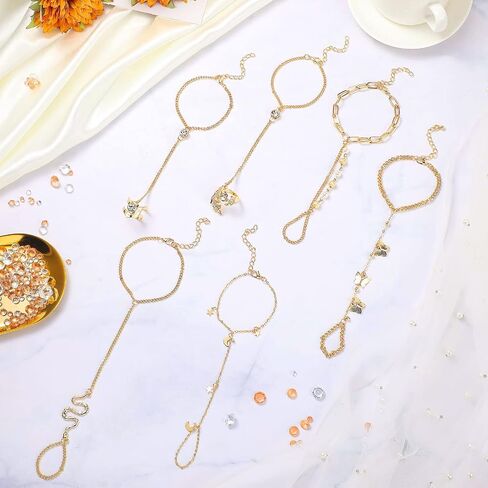 Fumete 6 pcs Finger Ring Bracelet Linked Rhinestone Hand Harness Chain Slave Bracelet with Ring Everyday Jewelry for Women in Saudi Arabia