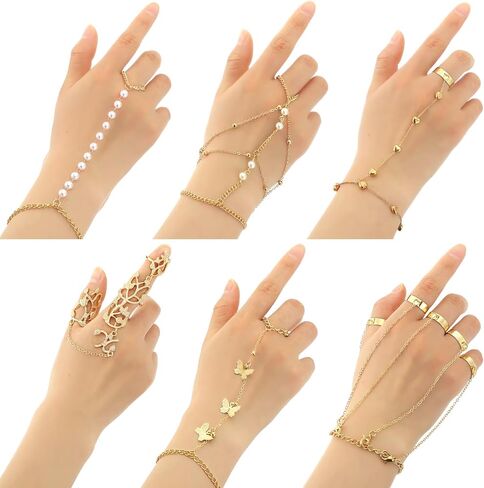 Fumete 6 pcs Finger Ring Bracelet Linked Rhinestone Hand Harness Chain Slave Bracelet with Ring Everyday Jewelry for Women in Saudi Arabia