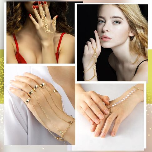 Fumete 6 pcs Finger Ring Bracelet Linked Rhinestone Hand Harness Chain Slave Bracelet with Ring Everyday Jewelry for Women in Saudi Arabia