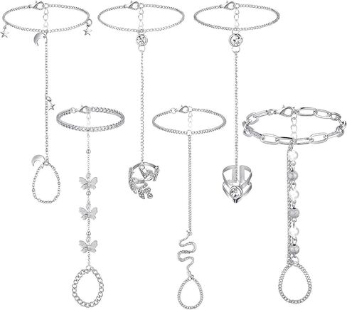 Fumete 6 pcs Finger Ring Bracelet Linked Rhinestone Hand Harness Chain Slave Bracelet with Ring Everyday Jewelry for Women in Saudi Arabia