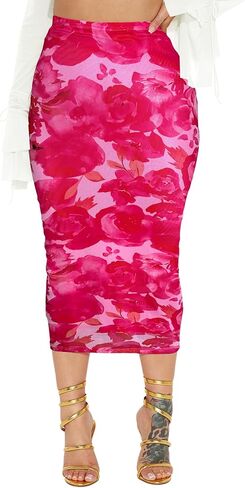 Women's Floral Print Mesh Long Skirt High Waisted Bodycon Pencil Maxi Skirts in Kuwait