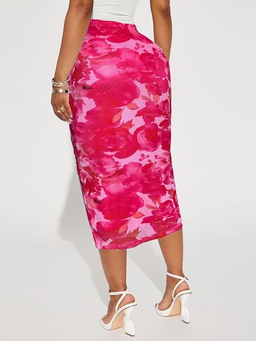 Women's Floral Print Mesh Long Skirt High Waisted Bodycon Pencil Maxi Skirts in Kuwait