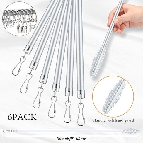 Shimeyao 6 Pack Curtain Pull Wand Stainless Steel Iron Drapery Pull Rod Versatile Metal Drapery Wand with 5 Rings and 5 Hooks for Opening Closing Curtains Homes Offices Window(Silver,36 Inch) in Saudi Arabia