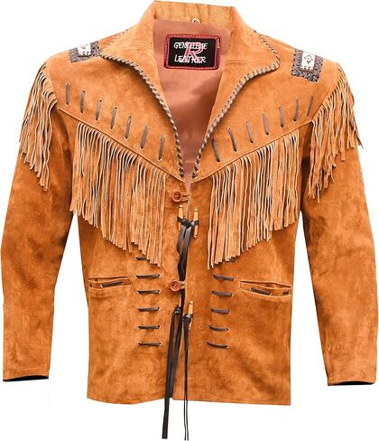 Western Cowboy Leather Fashion Jacket For Mens Fringe & Beaded Native American Coat in Saudi Arabia