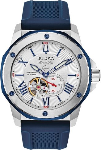 Bulova Men's Marine Star 'Series A' Automatic Stainless Steel Case with Blue Textured Silicone Strap, Open Aperture, Silver White Dial Model: 98A225 in Saudi Arabia