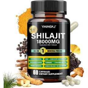 كبسولات شيلاجيت 18000 ملغ (60 كبسولة) 10 في 1 - مستخلص شيلاجيت مع أشواجاندا ، ردويولا روزا ، باناكس جينسنغ ، كورديسيبس ، الكركم ، جينكو ، ملحق معادن تتبع حمض فولفيك ، خالية من الجلوتين in Kuwait