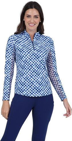 IBKUL Athleisure Wear Sun Protective UPF 50+ Icefil Cooling Gingham Check Print Long Sleeve Mock Neck Top – 10876 in Kuwait