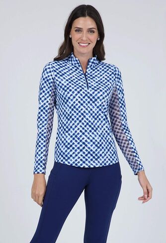 IBKUL Athleisure Wear Sun Protective UPF 50+ Icefil Cooling Gingham Check Print Long Sleeve Mock Neck Top – 10876 in Kuwait