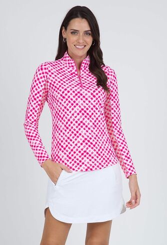 IBKUL Athleisure Wear Sun Protective UPF 50+ Icefil Cooling Gingham Check Print Long Sleeve Mock Neck Top – 10876 in Kuwait