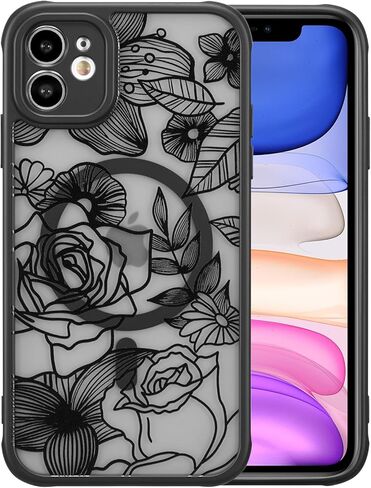 حافظة XIZYO لهاتف iPhone 12، حافظة هاتف لطيفة على شكل زهور وردية للنساء والفتيات بنمط جمالي مطبوع، حافظة نحيفة من مادة TPU حافظة واقية مضادة للصدمات لهاتف iPhone 12 6.1 بوصة، أسود in Kuwait