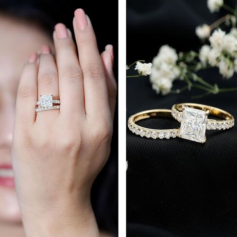 مجموعة خاتم الزفاف المعتمدة من Moissanite ، جودة D-VS1 ، 8 ملم الأميرة Cut Moissanite Ring in Kuwait