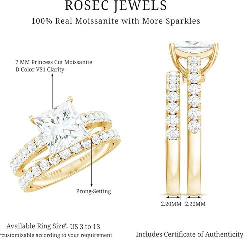 مجموعة خاتم الزفاف المعتمدة من Moissanite ، جودة D-VS1 ، 8 ملم الأميرة Cut Moissanite Ring in Kuwait