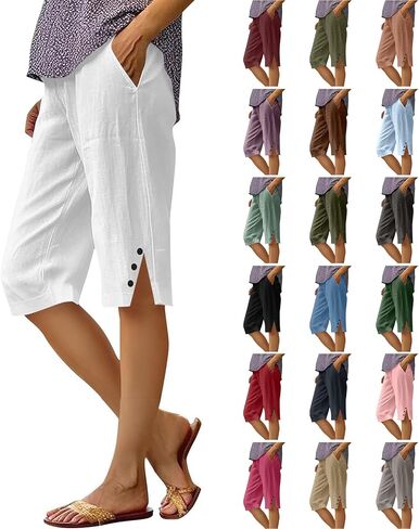 YRAETENM Linen Shorts for Women Casual High Waist Knee Length Bermuda Shorts Summer Lightweight Beach Pants with Side Buttons in Saudi Arabia