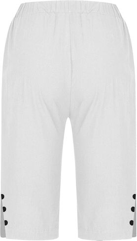 YRAETENM Linen Shorts for Women Casual High Waist Knee Length Bermuda Shorts Summer Lightweight Beach Pants with Side Buttons in Saudi Arabia