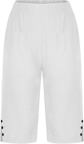 YRAETENM Linen Shorts for Women Casual High Waist Knee Length Bermuda Shorts Summer Lightweight Beach Pants with Side Buttons in Saudi Arabia