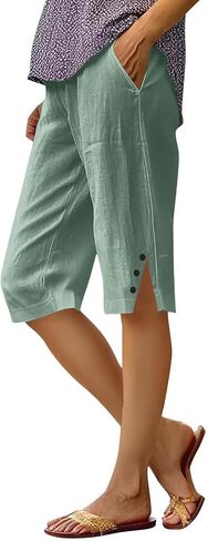 YRAETENM Linen Shorts for Women Casual High Waist Knee Length Bermuda Shorts Summer Lightweight Beach Pants with Side Buttons in Saudi Arabia
