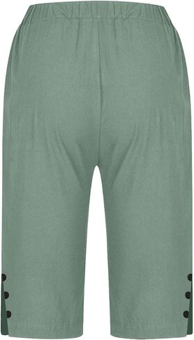 YRAETENM Linen Shorts for Women Casual High Waist Knee Length Bermuda Shorts Summer Lightweight Beach Pants with Side Buttons in Saudi Arabia