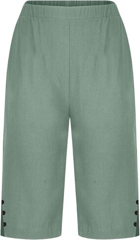 YRAETENM Linen Shorts for Women Casual High Waist Knee Length Bermuda Shorts Summer Lightweight Beach Pants with Side Buttons in Saudi Arabia