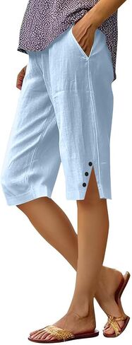 YRAETENM Linen Shorts for Women Casual High Waist Knee Length Bermuda Shorts Summer Lightweight Beach Pants with Side Buttons in Saudi Arabia