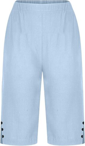 YRAETENM Linen Shorts for Women Casual High Waist Knee Length Bermuda Shorts Summer Lightweight Beach Pants with Side Buttons in Saudi Arabia