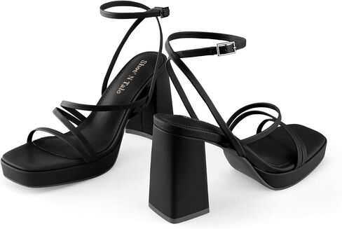 Shoe'N Tale Platform Heels for Women Strappy Block Chunky Heels Square Toe Ankle Buckle Sandals in Saudi Arabia