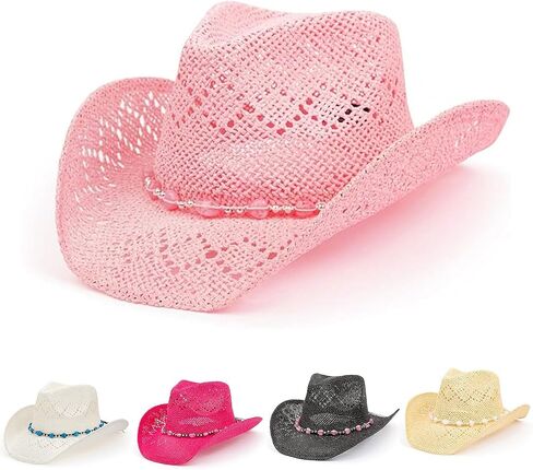 Straw Cowboy Hat for Women with Beaded Trim and Shapeable Brim in Saudi Arabia
