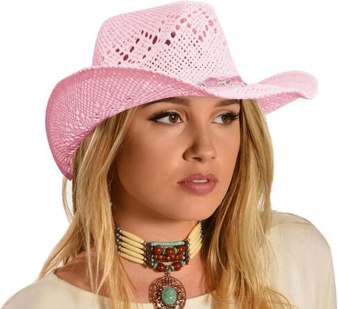 Straw Cowboy Hat for Women with Beaded Trim and Shapeable Brim in Saudi Arabia