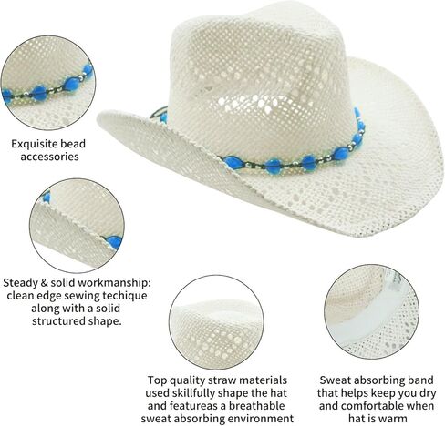 Straw Cowboy Hat for Women with Beaded Trim and Shapeable Brim in Kuwait
