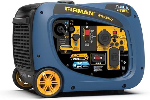 Firman WH02942 Dual Fuel Fuel Heldter Generator ، 3200W Start Electric ، هادئة 58 ديسيبل ، خزان 1.8 جالون ، وقت تشغيل 9 ساعات ، مجموعة العجلات ، جاهزة RV ، مثالية للتخييم ، والترفيه الخارجي والخارجي in Saudi Arabia