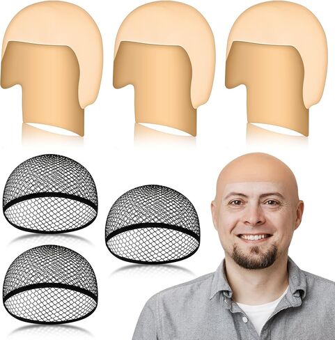 6 Pcs Bald Caps for Men Makeup Latex Bald Head Wig Cap Cosplay Makeup Costume Accessories for Women, Beige and Black in Saudi Arabia