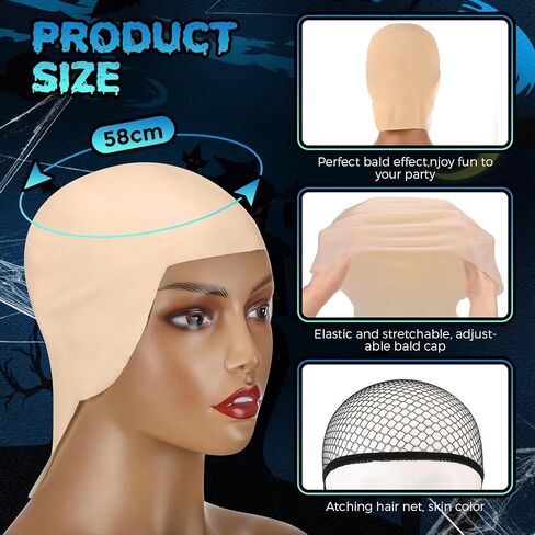 6 Pcs Bald Caps for Men Makeup Latex Bald Head Wig Cap Cosplay Makeup Costume Accessories for Women, Beige and Black in Saudi Arabia