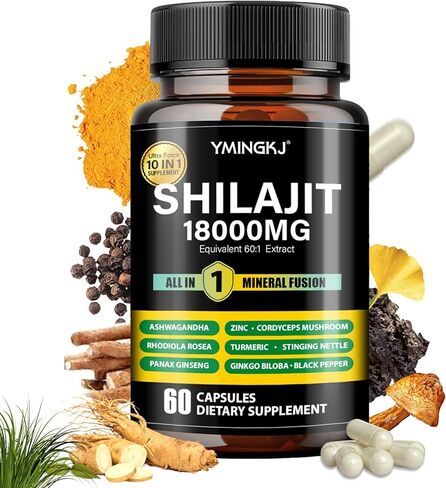 كبسولات شيلاجيت 18000 ملغ (60 كبسولة) 10 في 1 - مستخلص شيلاجيت مع أشواجاندا ، ردويولا روزا ، باناكس جينسنغ ، كورديسيبس ، الكركم ، جينكو ، ملحق معادن تتبع حمض فولفيك ، خالية من الجلوتين in Kuwait