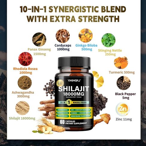 كبسولات شيلاجيت 18000 ملغ (60 كبسولة) 10 في 1 - مستخلص شيلاجيت مع أشواجاندا ، ردويولا روزا ، باناكس جينسنغ ، كورديسيبس ، الكركم ، جينكو ، ملحق معادن تتبع حمض فولفيك ، خالية من الجلوتين in Kuwait