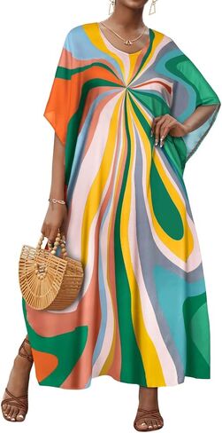 فساتين Kaftan for Women v Neck Caftan Long Batwing Sweeve Swimsuit Cover Up Beach Swimwear in Kuwait