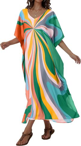 فساتين Kaftan for Women v Neck Caftan Long Batwing Sweeve Swimsuit Cover Up Beach Swimwear in Kuwait