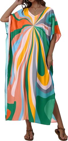 فساتين Kaftan for Women v Neck Caftan Long Batwing Sweeve Swimsuit Cover Up Beach Swimwear in Kuwait