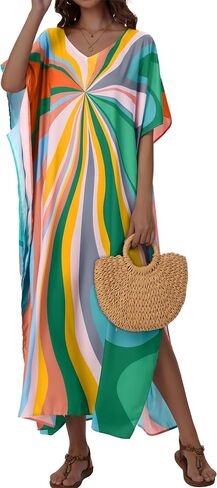 فساتين Kaftan for Women v Neck Caftan Long Batwing Sweeve Swimsuit Cover Up Beach Swimwear in Kuwait