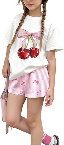 WDIRARA Toddler Girls 2 Piece Cherry Print Outfits Short Sleeve T Shirt and Bow Striped Shorts Set in Saudi Arabia