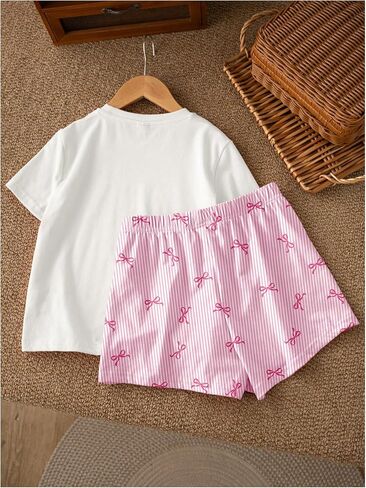 WDIRARA Toddler Girls 2 Piece Cherry Print Outfits Short Sleeve T Shirt and Bow Striped Shorts Set in Saudi Arabia