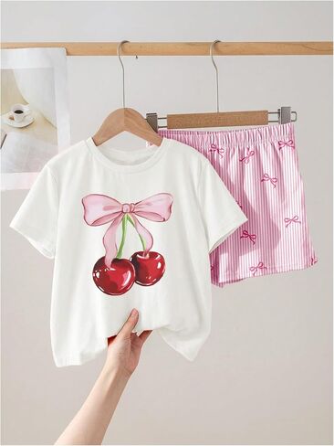 WDIRARA Toddler Girls 2 Piece Cherry Print Outfits Short Sleeve T Shirt and Bow Striped Shorts Set in Saudi Arabia