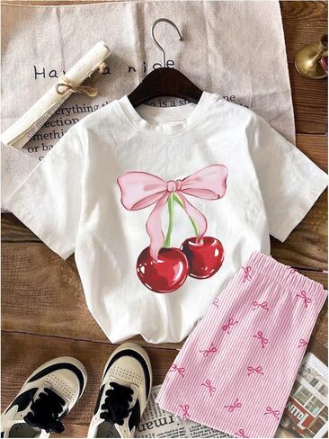 WDIRARA Toddler Girls 2 Piece Cherry Print Outfits Short Sleeve T Shirt and Bow Striped Shorts Set in Saudi Arabia