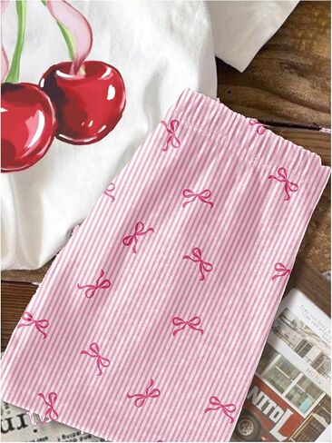 WDIRARA Toddler Girls 2 Piece Cherry Print Outfits Short Sleeve T Shirt and Bow Striped Shorts Set in Saudi Arabia