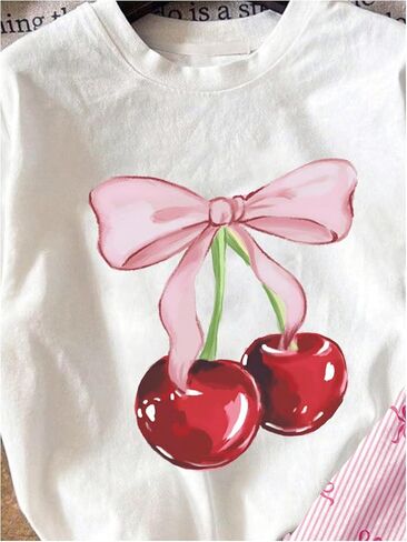 WDIRARA Toddler Girls 2 Piece Cherry Print Outfits Short Sleeve T Shirt and Bow Striped Shorts Set in Saudi Arabia