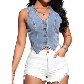 GORGLITTER Women's Sequin Star Jean Vest Top Y2K Sleeveless V Neck Button Crop Denim Tops in Saudi Arabia